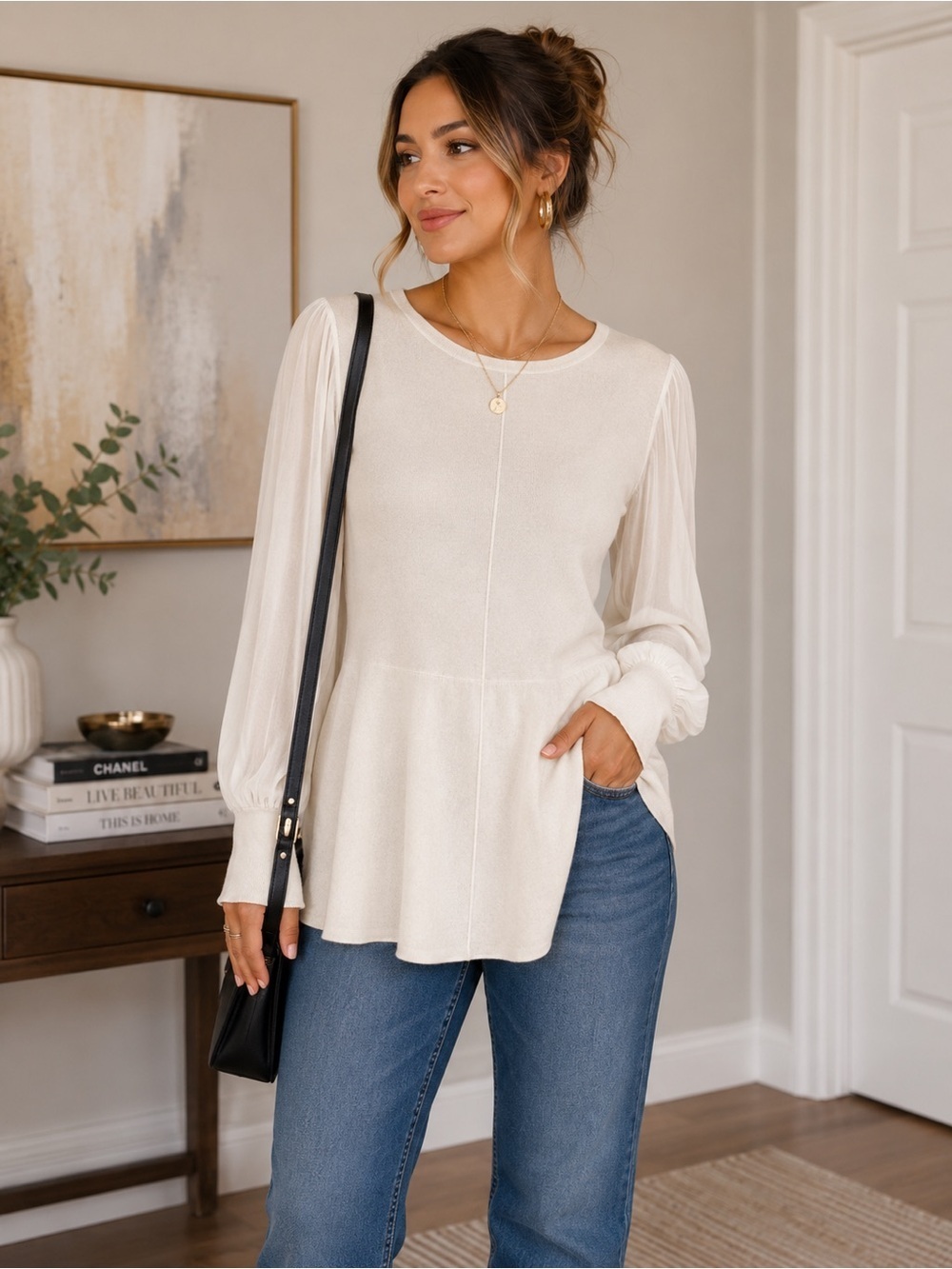 Reed Krakoff Cream Cashmere Merino Wool Silk Top Sheer Sleeves Cuffs Large soft